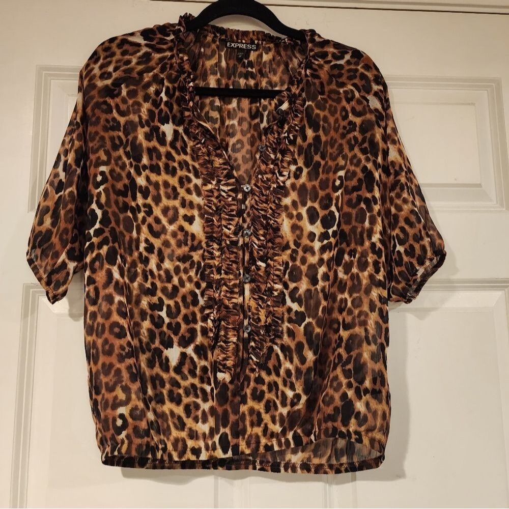 Express sheer cheetah print short sleeve blouse XS Y2K